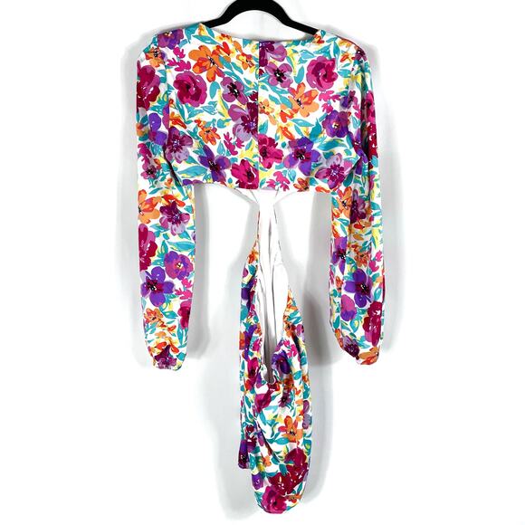 More to Come Sonya Cutout Dress White Purple Floral Mini Long Sleeve Sz M - Picture 14 of 16